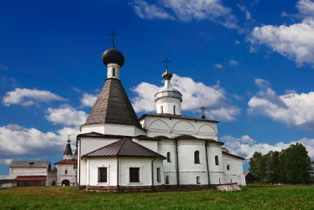 View of the Ferapontov Belozersky Monastery with the Cathedral of the Nativity of the Blessed Virgin Mary and the Church of St. Martinian. Vologda region, Russiaの写真素材