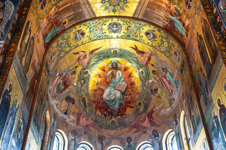 Interior of the Church of the Savior on Spilled Blood with mosaic of Christ in Glory in St. Petersburg. Russia.のeditorial素材