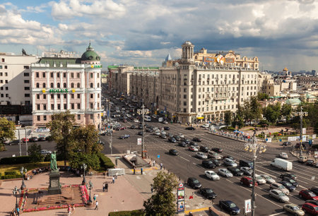 Top view of Pushkin Square with the monument to AS Pushkin and Tverskaya street. Moscow, Russiaのeditorial素材