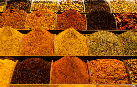 Various spices on the counter in the market