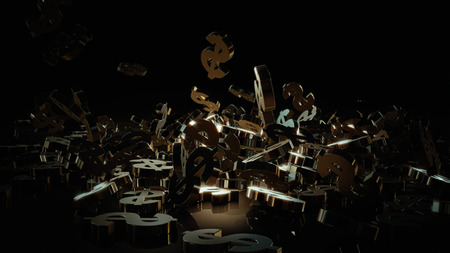 Signs of dollars falling on a pile. Volumetric models.