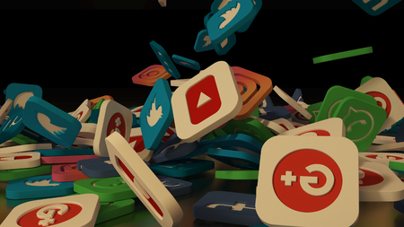 3d rendering of falling social networking icons. On a black backgroundのeditorial素材