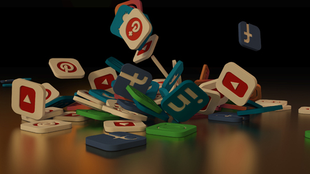 3d rendering of falling social networking icons. On a black backgroundのeditorial素材