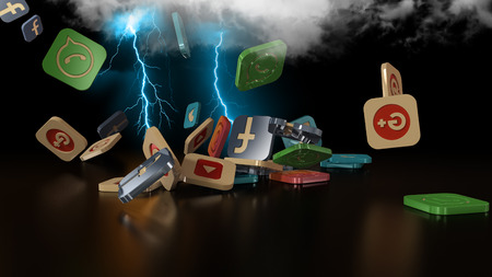 3d rendering of falling social networking icons. Simulation of loading in the cloud through lightningのeditorial素材