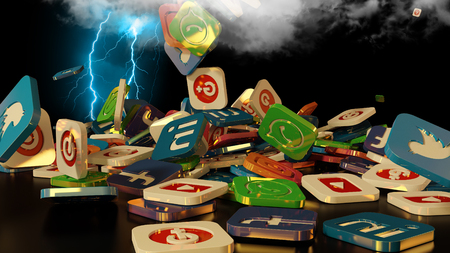 3d rendering of falling social networking icons. Simulation of loading in the cloud through lightningのeditorial素材