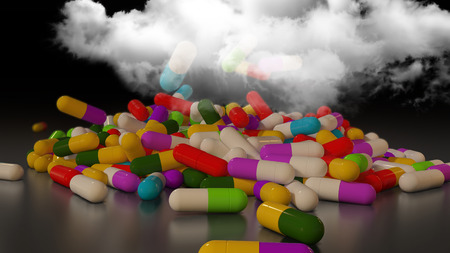 3D rendering of multicolored medical pills falling from a thundercloudの写真素材