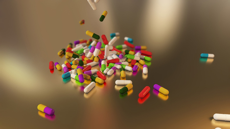 3D rendering multicolored medical pills falling from top to bottomの写真素材