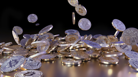 3D rendering Bitcoin currency, crypto currency, falling on a pileの写真素材