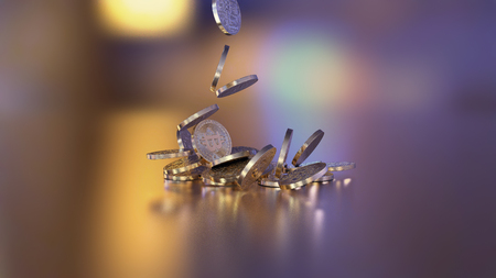 3D rendering Bitcoin currency, crypto currency, falling on a pileの写真素材