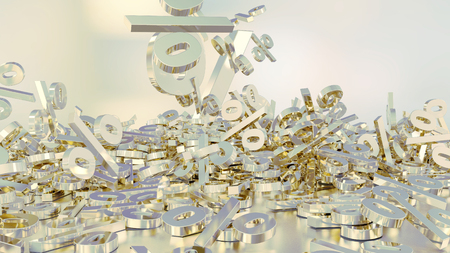 3D rendering of signs percent, falling into a heap. Volumetric signs with a reflective surface. A large percent sign among the small signsの写真素材