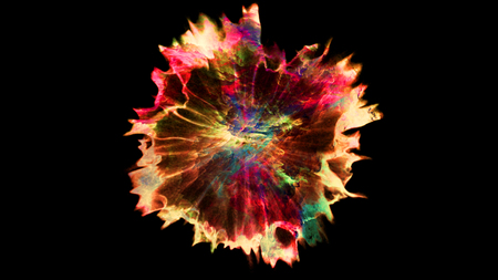 3d rendering of explosion, smoke, shock wave and divergent waves, isolated on black background. View of the camera from the topの写真素材