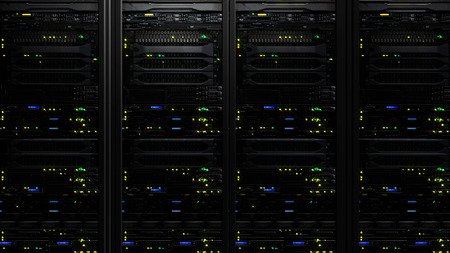 Computer equipment and telecommunication technologies, 3D rendering of a modern dark server data center in the storage centerの写真素材