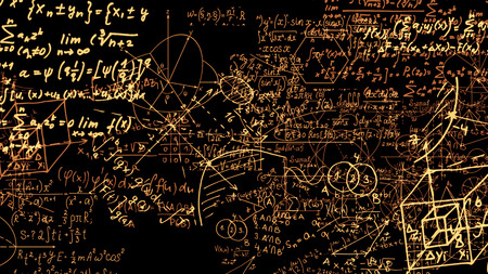 3D rendering abstract blocks of mathematical formulas that are in the virtual space. Camera inside the mathematical formulasの写真素材