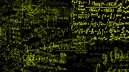3D rendering abstract blocks of mathematical formulas that are in the virtual space. Camera inside the mathematical formulasの写真素材