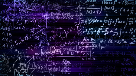 3D rendering abstract blocks of mathematical formulas that are in the virtual space. Camera inside...
