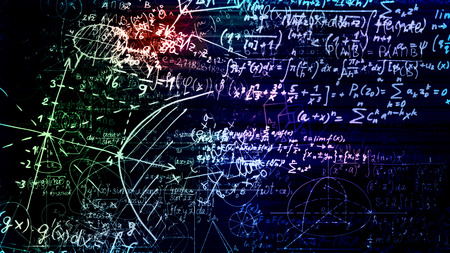 3D rendering abstract blocks of mathematical formulas that are in the virtual space. Camera inside...