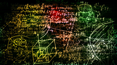 3D rendering abstract blocks of mathematical formulas that are in the virtual space. Camera inside the mathematical formulasの写真素材