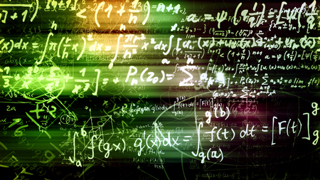 3D rendering abstract blocks of mathematical formulas that are in the virtual space. Camera inside the mathematical formulasの写真素材