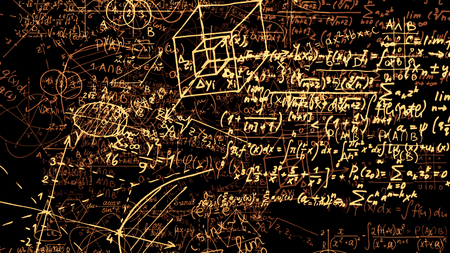 3D rendering abstract blocks of mathematical formulas that are in the virtual space. Camera inside the mathematical formulasの写真素材