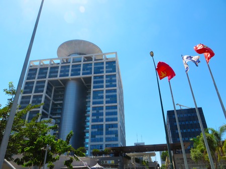 The recognizable view of the building of the Ministry of Defense of Israel. Summer of 2018. Center...