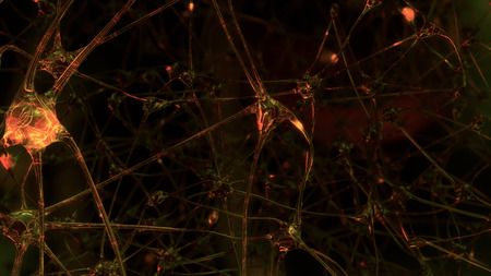 3D rendering of artificial intelligence. Networks of artificial nerve cells and synapses in the...