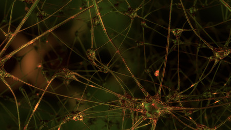 3D rendering of artificial intelligence. Networks of artificial nerve cells and synapses in the brain of a robot through which electrical impulses and discharges pass.の写真素材