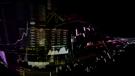 3D rendering of stock indexes in virtual space. Economic growth, recession. Electronic virtual platform showing trends and stock market fluctuationsの写真素材