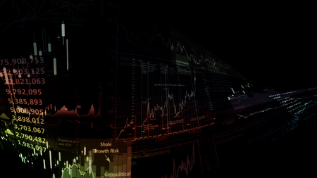 3D rendering of stock indexes in virtual space. Economic growth, recession. Electronic virtual platform showing trends and stock market fluctuationsの写真素材