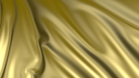3D rendering of golden fabric. The fabric develops smoothly in the wind. Wind waves spread through the fabricの写真素材