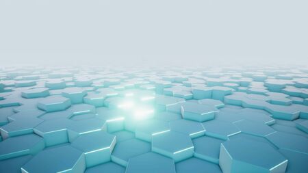 3D rendering of abstract hexagonal geometric surfaces in virtual space. Randomly placed geometric...
