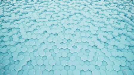 3D rendering of abstract hexagonal geometric surfaces in virtual space. Randomly placed geometric shapes. Polyhedral wall of hexagonsの写真素材