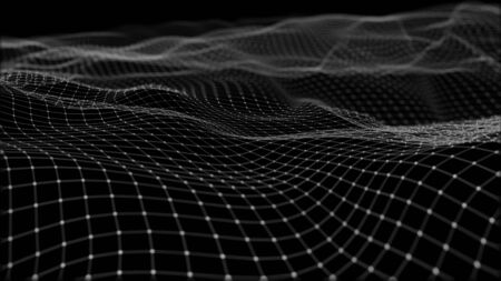 3D rendering of abstract digital waves and bright square particles in space. Futuristic background made of dots, particles and mesh. Large amount of dataの写真素材