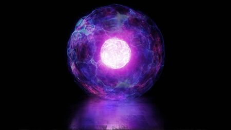 3D rendering ball of energy and plasma in the core of the reactor. Thermonuclear fusion with pulsating plasma flows. Bright background for presentations and information panelsの写真素材