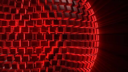 3D rendering of an abstract sphere from volumetric cubic blocks. Non-trivial and bright art object in space. Ball from a complex structural design. Creative design elementの写真素材