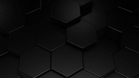 3D rendering of abstract hexagonal geometric black surfaces in virtual space. Randomly placed geometric shapes. Polyhedral wall of hexagonsの写真素材