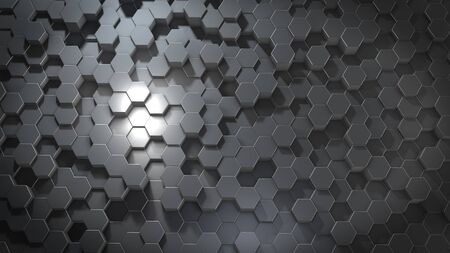 3D rendering of abstract hexagonal geometric metallic surfaces in virtual space. Randomly placed...