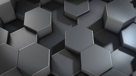 3D rendering of abstract hexagonal geometric metallic surfaces in virtual space. Randomly placed geometric shapes. Polyhedral wall of hexagonsの写真素材