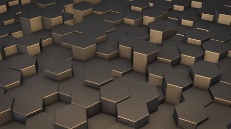3D rendering of abstract hexagonal geometric surfaces in virtual space. Randomly placed geometric...