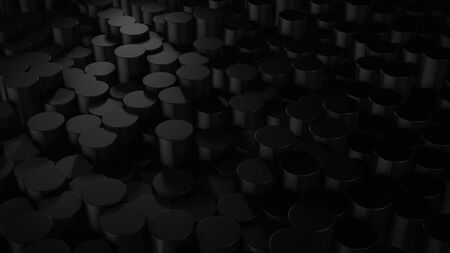 3D rendering of abstract cylindrical geometric black surfaces in virtual space. Randomly placed geometric shapes. Bright and beautiful background made of cylindersの写真素材