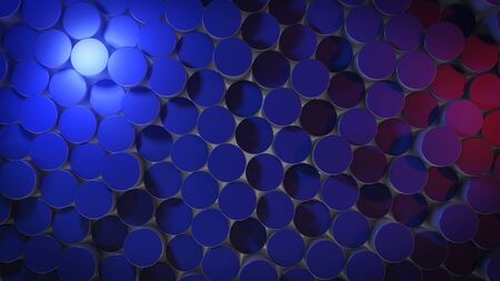3D rendering of abstract cylindrical geometric surfaces in virtual space. Randomly placed geometric...