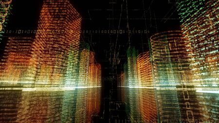 3D rendering of abstract virtual city inside a computer system. Hologram 3D Big Data Digital City....