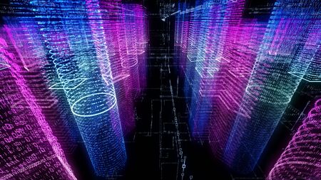 3D rendering of abstract virtual city inside a computer system. Hologram 3D Big Data Digital City....