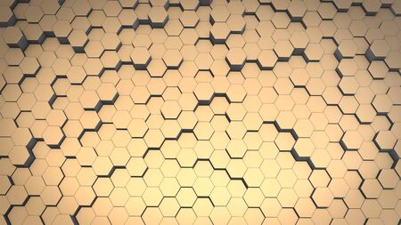 3D rendering of abstract hexagonal geometric surfaces in virtual space. Randomly placed geometric...