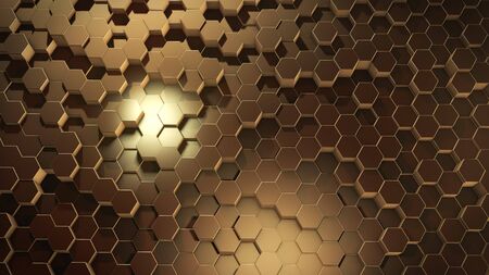 3D rendering of abstract hexagonal geometric golden surfaces in virtual space. Randomly placed...