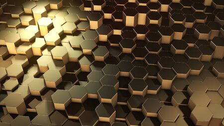 3D rendering of abstract hexagonal geometric golden surfaces in virtual space. Randomly placed...