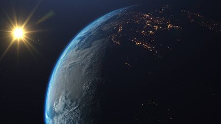 3D rendering of a view of the planet Earth from space. On the surface of the planet are visible...