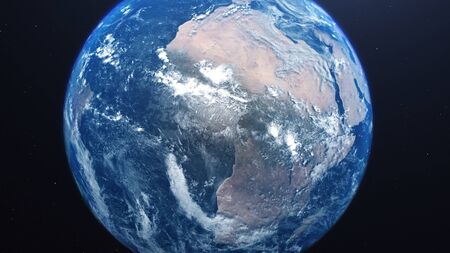 3D rendering of a view of the planet Earth from space. On the surface of the planet are visible...