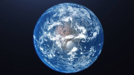 3D rendering of a view of the planet Earth from space. On the surface of the planet are visible...