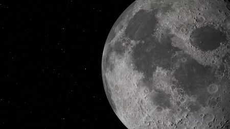 3D rendering of the lunar orbit. The Moon against the background of space with illuminated craters and lunar soil.の写真素材