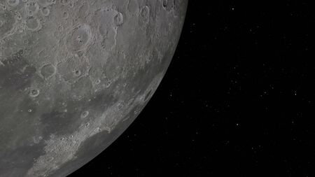 3D rendering of the lunar orbit. The Moon against the background of space with illuminated craters and lunar soil.の写真素材